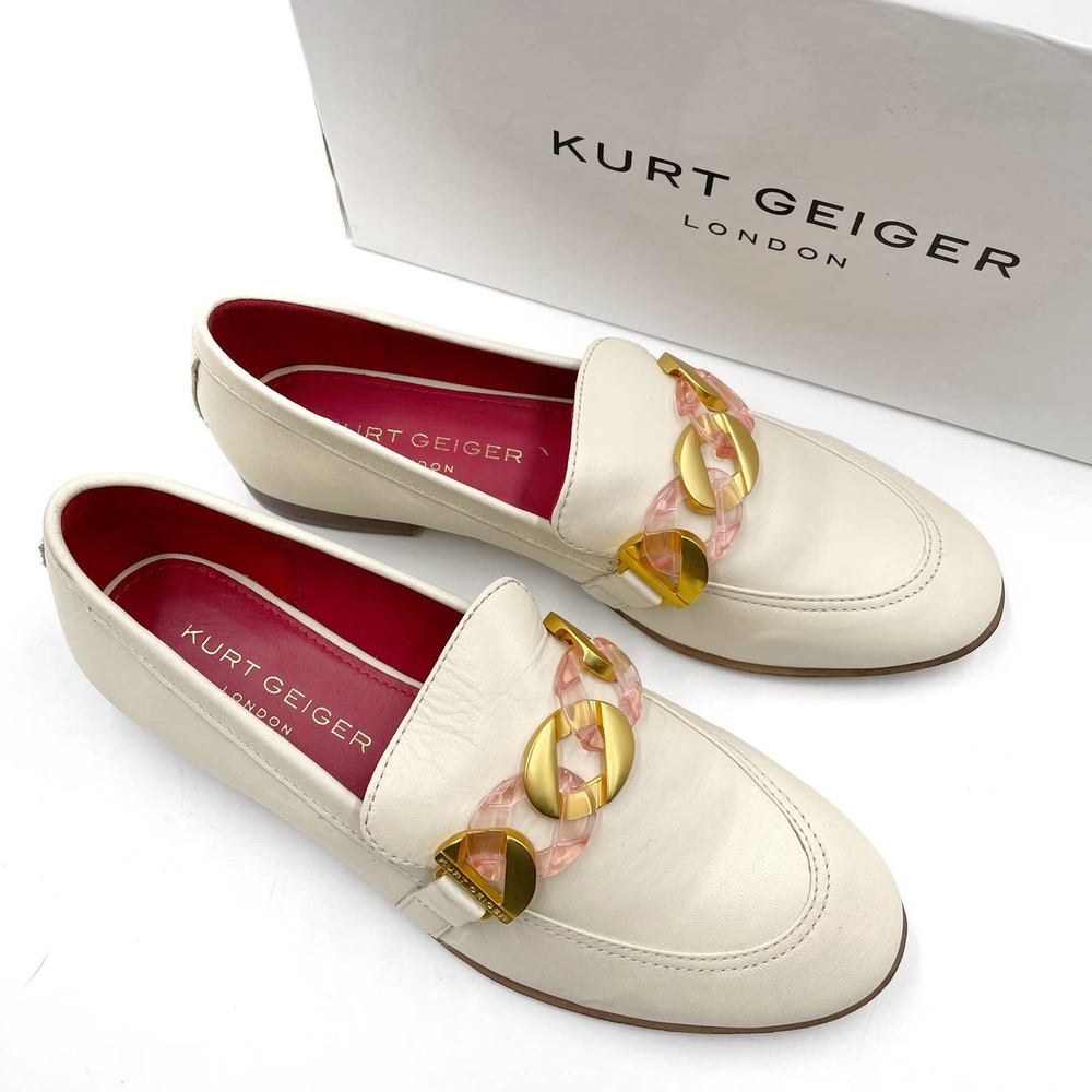 NEW Kurt Geiger Kiara Bone Leather Loafers Ivory Flats Sz 38 / 8 Chain Women's